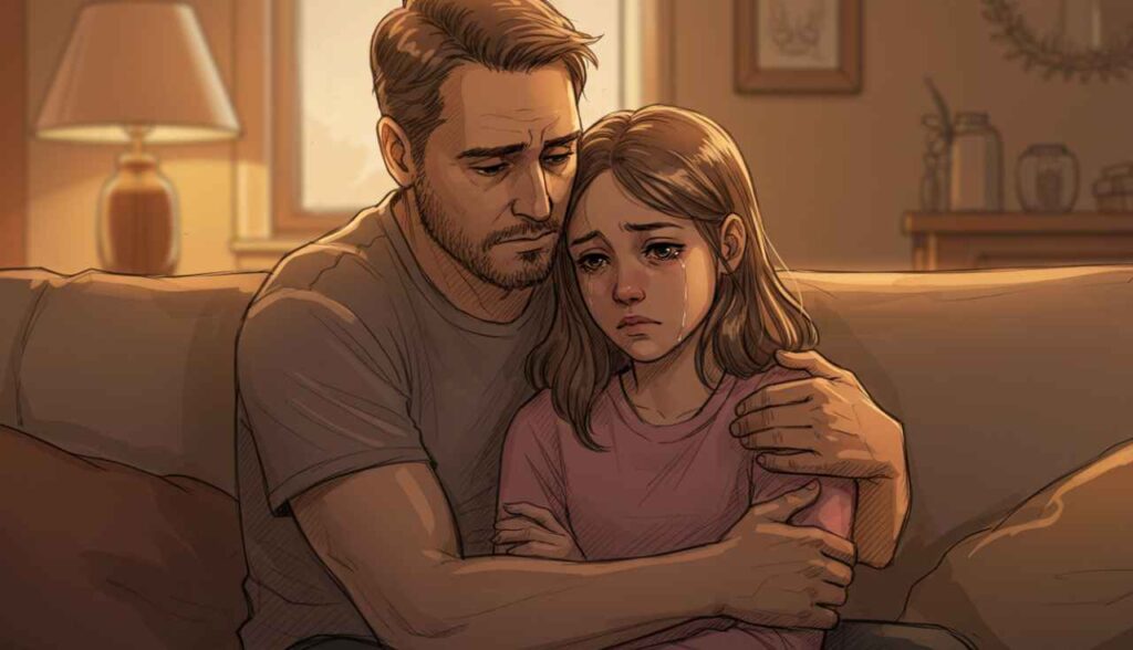 Tristeza Profunda e Vontade de Chorar em Adolescentes: O Que os Pais Devem Saber 1 Pai consolando filha adolescente em um abraço afetuoso, tristeza profunda e vontade de chorar.
