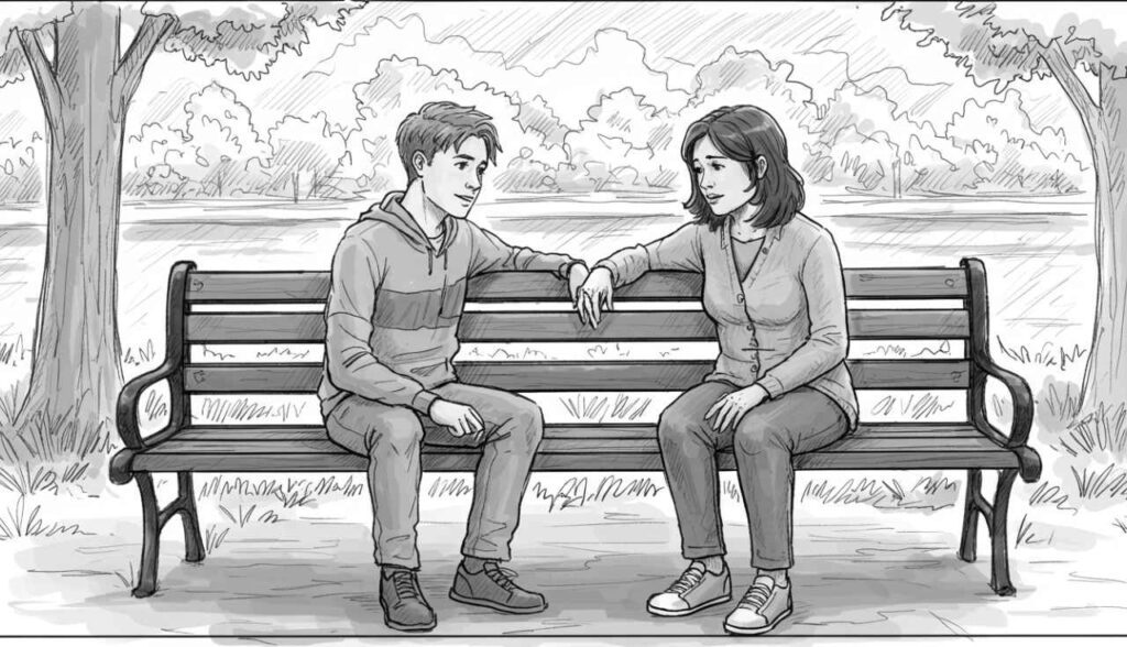 Tristeza Profunda e Vontade de Chorar em Adolescentes: O Que os Pais Devem Saber 4 Mãe e filho adolescente conversando em um parque, tristeza profunda e vontade de chorar
