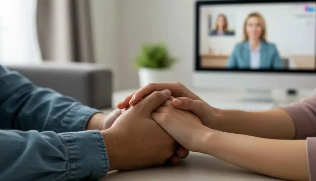 Terapia de Casal Online: Um Caminho para a Conexão e o Bem-Estar a Dois 2 Casal dialogando com apoio de terapeuta online, comunicação eficaz.