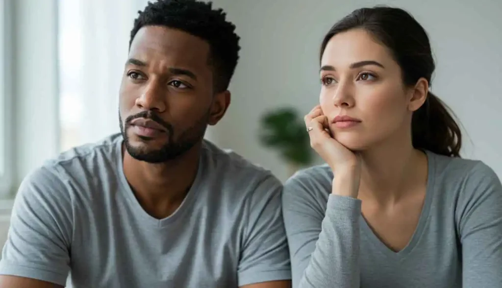 Terapia de Casal Online: Um Caminho para a Conexão e o Bem-Estar a Dois 4 Casal refletindo sobre o relacionamento, buscando ajuda profissional.