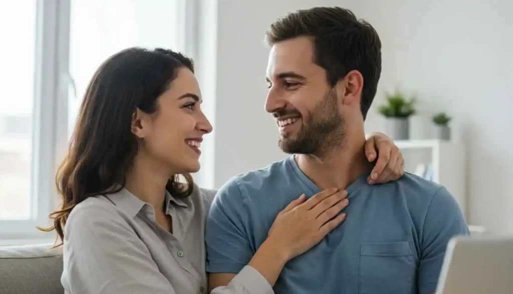 Terapia de Casal Online: Um Caminho para a Conexão e o Bem-Estar a Dois 5 Casal sorrindo após sessão de terapia online, transformação positiva.