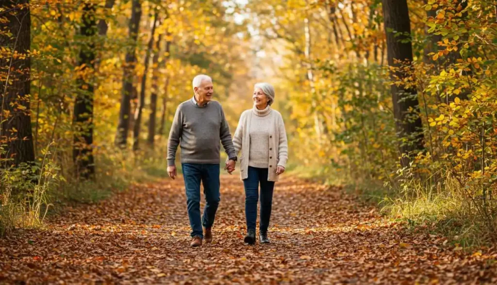O que é: Vínculo 3 O vínculo de um casal idoso de mãos dadas caminhando em parque, simbolizando vínculo duradouro