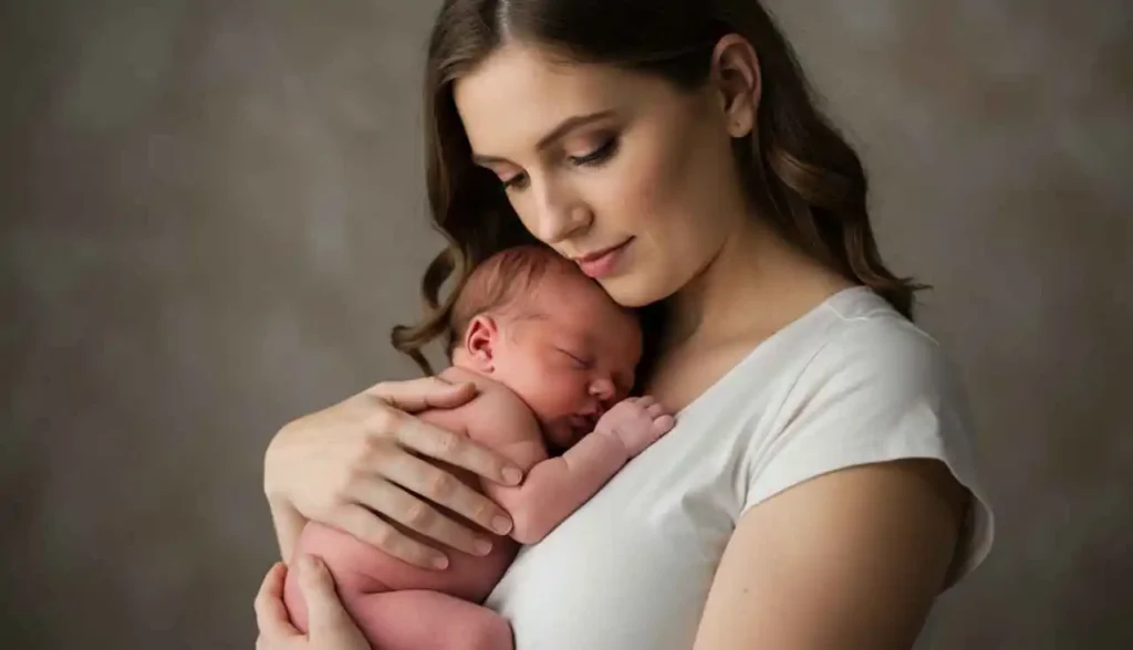 O que é: Vínculo 2 Mãe segurando bebê recém-nascido com carinho, representando vínculo materno