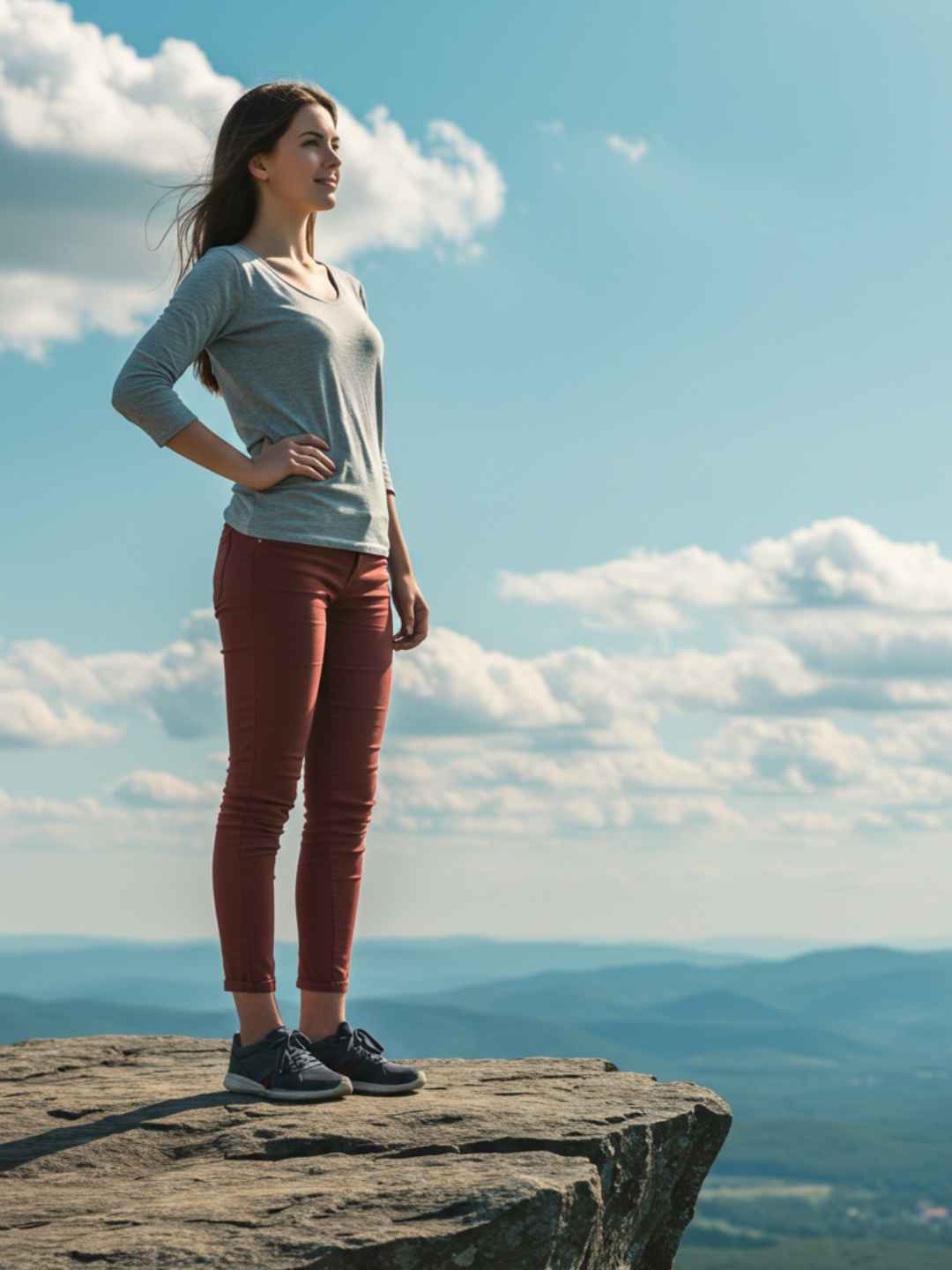 Mulher confiante sorrindo e olhando para o horizonte. Guia da autoconfiança