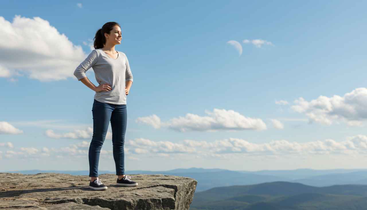 Mulher confiante sorrindo e olhando para o horizonte