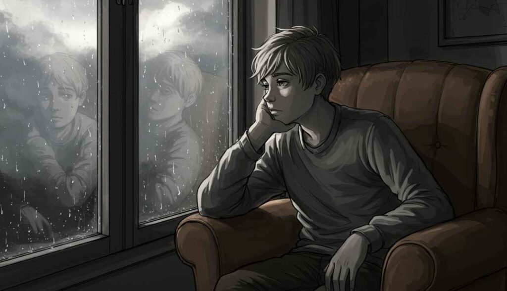 Tristeza Profunda e Vontade de Chorar em Adolescentes: O Que os Pais Devem Saber 3 Adolescente pensativo olhando pela janela em dia chuvoso, tristeza profunda e vontade de chorar.