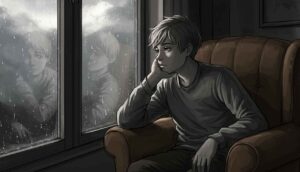 Sobre Mim 5 Adolescente pensativo olhando pela janela em dia chuvoso, tristeza profunda e vontade de chorar.