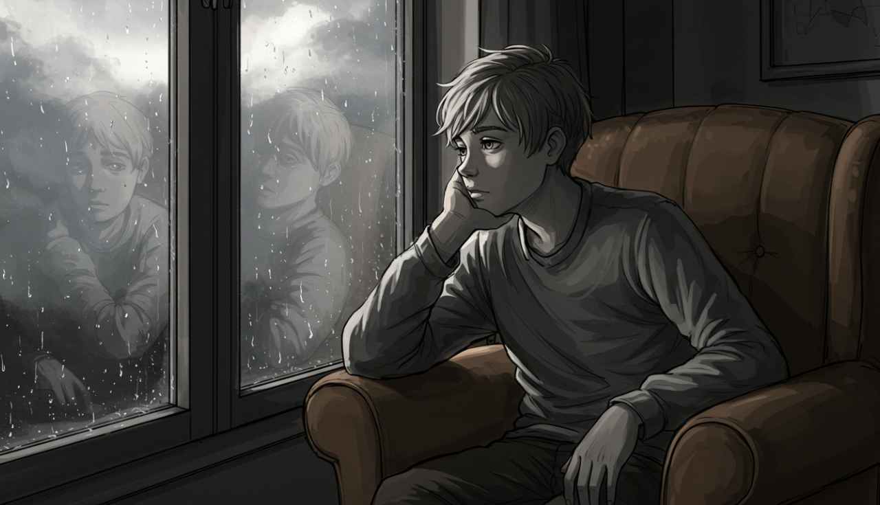 Adolescente pensativo olhando pela janela em dia chuvoso, tristeza profunda e vontade de chorar.