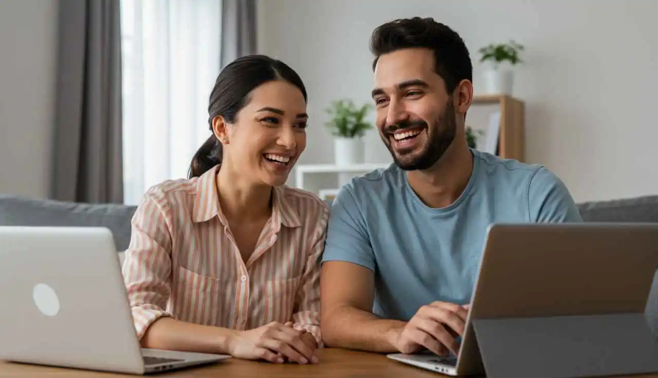 Casal feliz em terapia de casal online, conectando-se digitalmente.